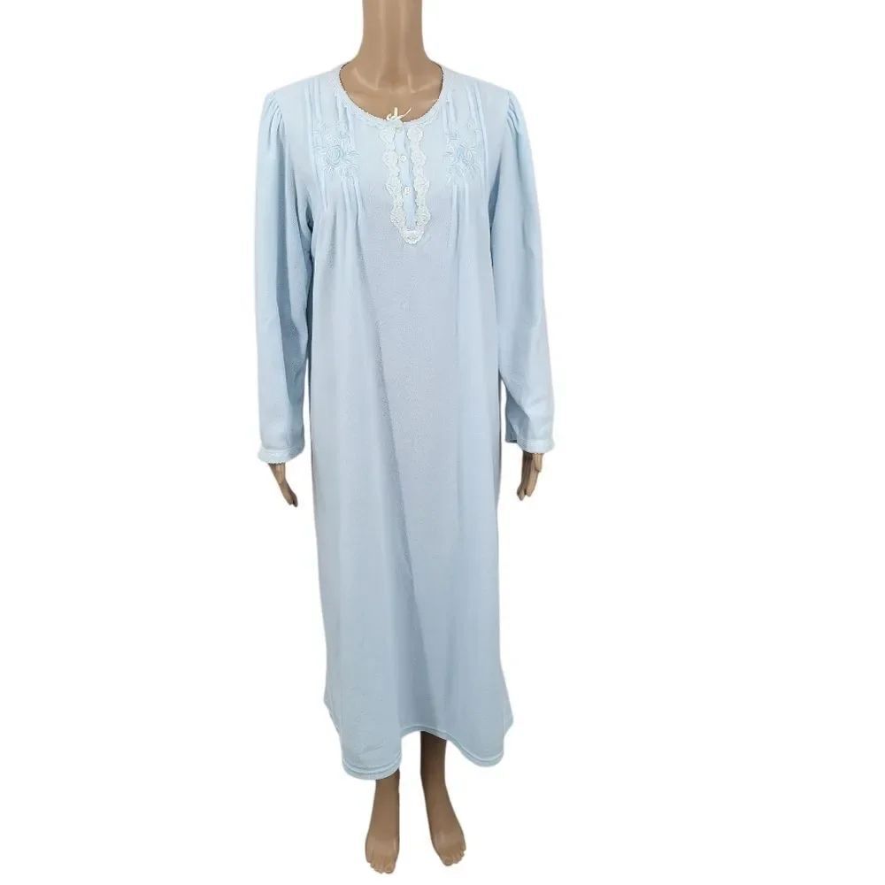 Miss Elaine Soft Blue Fleece Nightgown with Lace and Embroidery Full Length